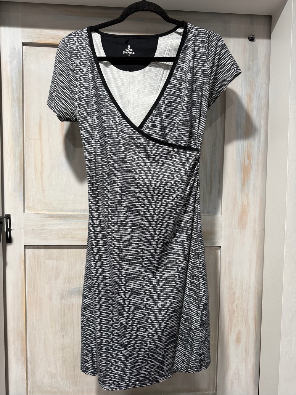 Prana Black and White Wrap V-Neck Short Sleeve Dress - Picture 2 of 6